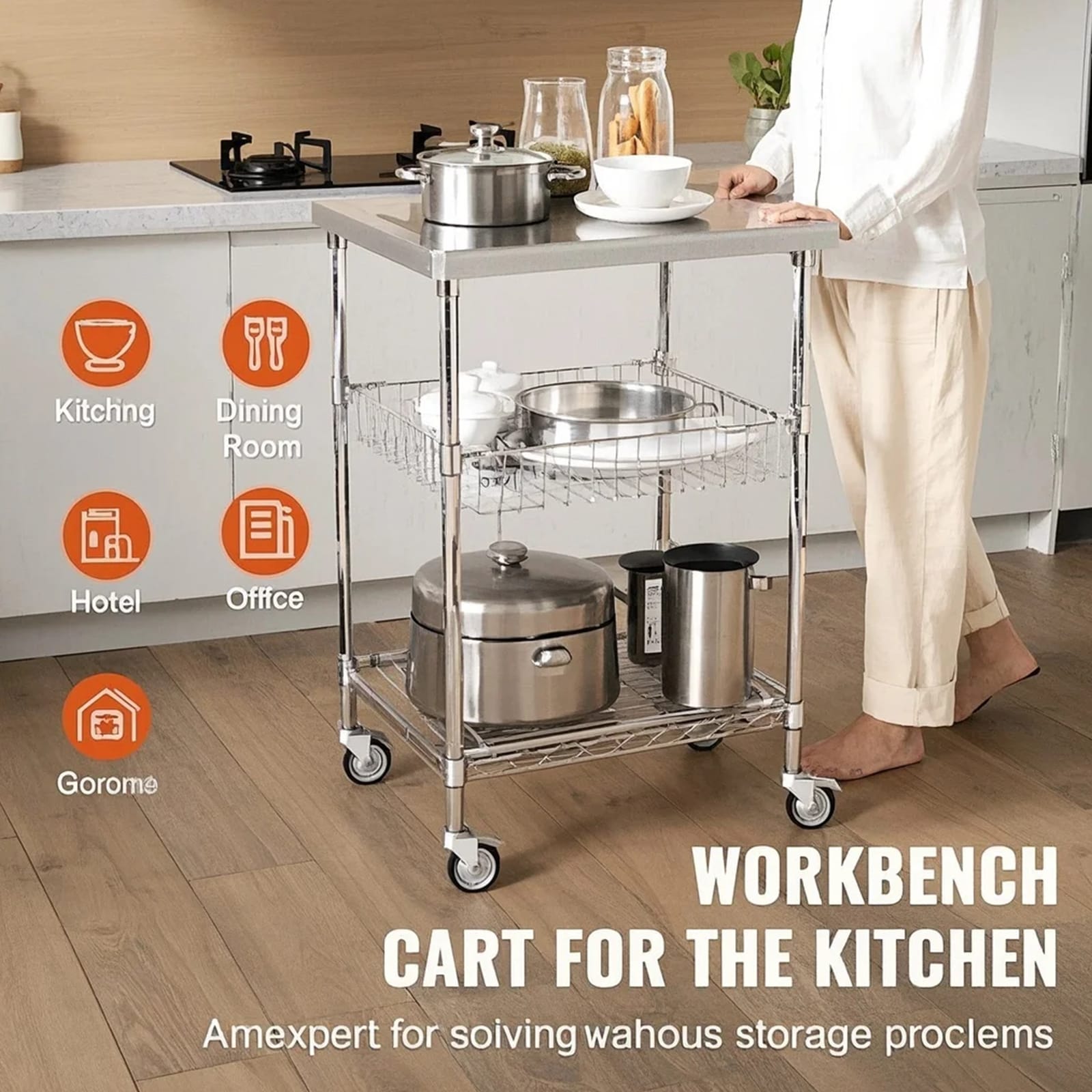 3-tier Rolling Utility Cart With 6 Hooks For Kitchen Storage_voghion.com